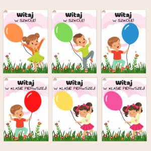 Dzieci z balonami – WITAJ W SZKOLE/KLASIE PIERWSZEJ